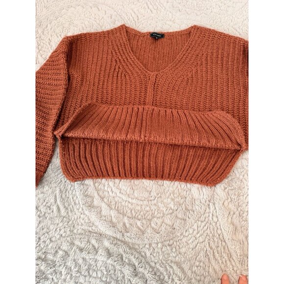Rust Chunky Knit V-Neck Sweater Medium Cropped Long Sleeve Fall Cozy Boho - Picture 5 of 8